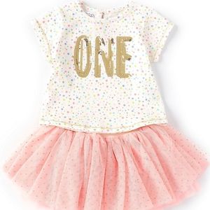 Baby Girls 12-18 Months Short-Sleeve First Birthday Dotted Tee & Sequin Tutu Set